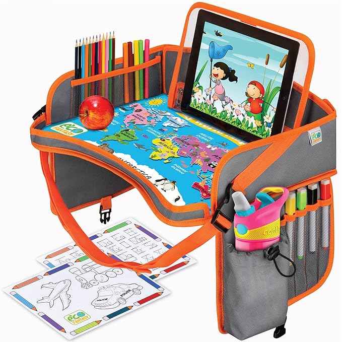 ECOFANTASY Kids Travel Tray - Waterproof Car Table with No-Drop Large Tablet Holder - Car Seat Tray - Road Trip Must Haves - Kids Lap Desk Organizer for Airplane - Toddler Travel Essentials (Orange)