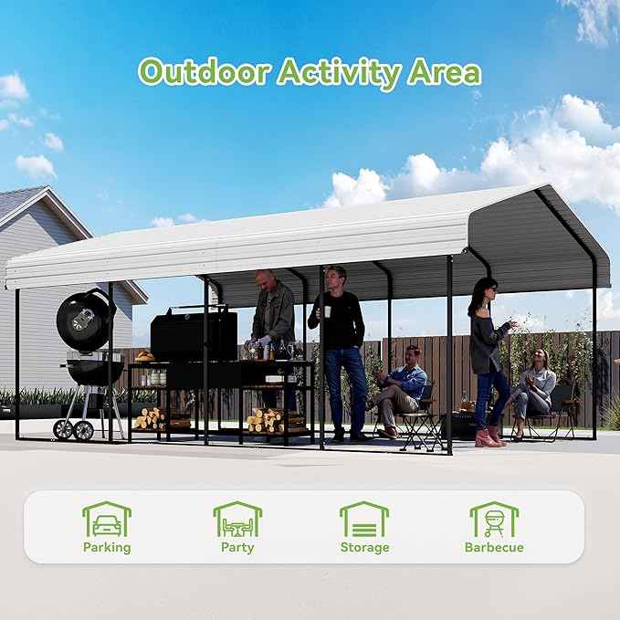 12x20FT Metal Carport,Heavy Duty Carport with Reinforced Frame and Galvanized Steel Roof, Large Outdoor Garage Shelter Shade Car Port for Pickup Trucks, Boats, Cars & Tractors, Farm Tools, Cream White