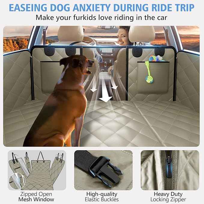 Back Seat Extender for Dogs, Dog Car Seat Cover for Back Seat Supports 420lbs, Hard Bottom Backseat Extender for Dogs, Waterproof Dog Hammock for Car, SUV, Truck Beige