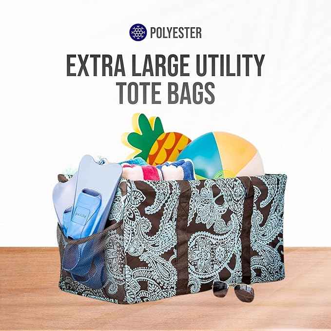 Extra Large Utility Tote Bag - Oversized Collapsible Reusable Wire Frame Rectangular Canvas Basket With Two Exterior Pockets For Beach, Pool, Laundry, Car Trunk, Storage - Paisley Blue