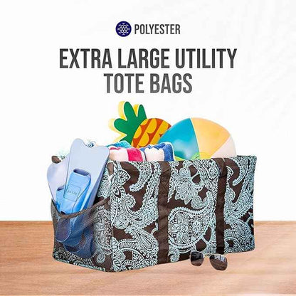 Extra Large Utility Tote Bag - Oversized Collapsible Reusable Wire Frame Rectangular Canvas Basket With Two Exterior Pockets For Beach, Pool, Laundry, Car Trunk, Storage - Paisley Blue