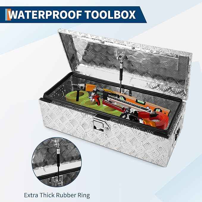 39x13 Inch Heavy Duty Aluminum Truck Tool Box, Waterproof Pickup Bed Storage Organizer with Lock & Keys, Side Handle, Stripes Plate Design for RV Trailer and Truck - Sliver