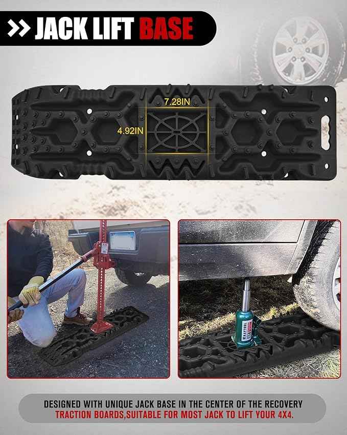 FieryRed Traction Boards Offroad, Recovery Boards with Jack Lift Base, 2Pcs Traction Mat Recovery Tracks for Sand Mud Snow Track Tire Ladder 4X4, Come with 2 Leashes, Black GEN2th