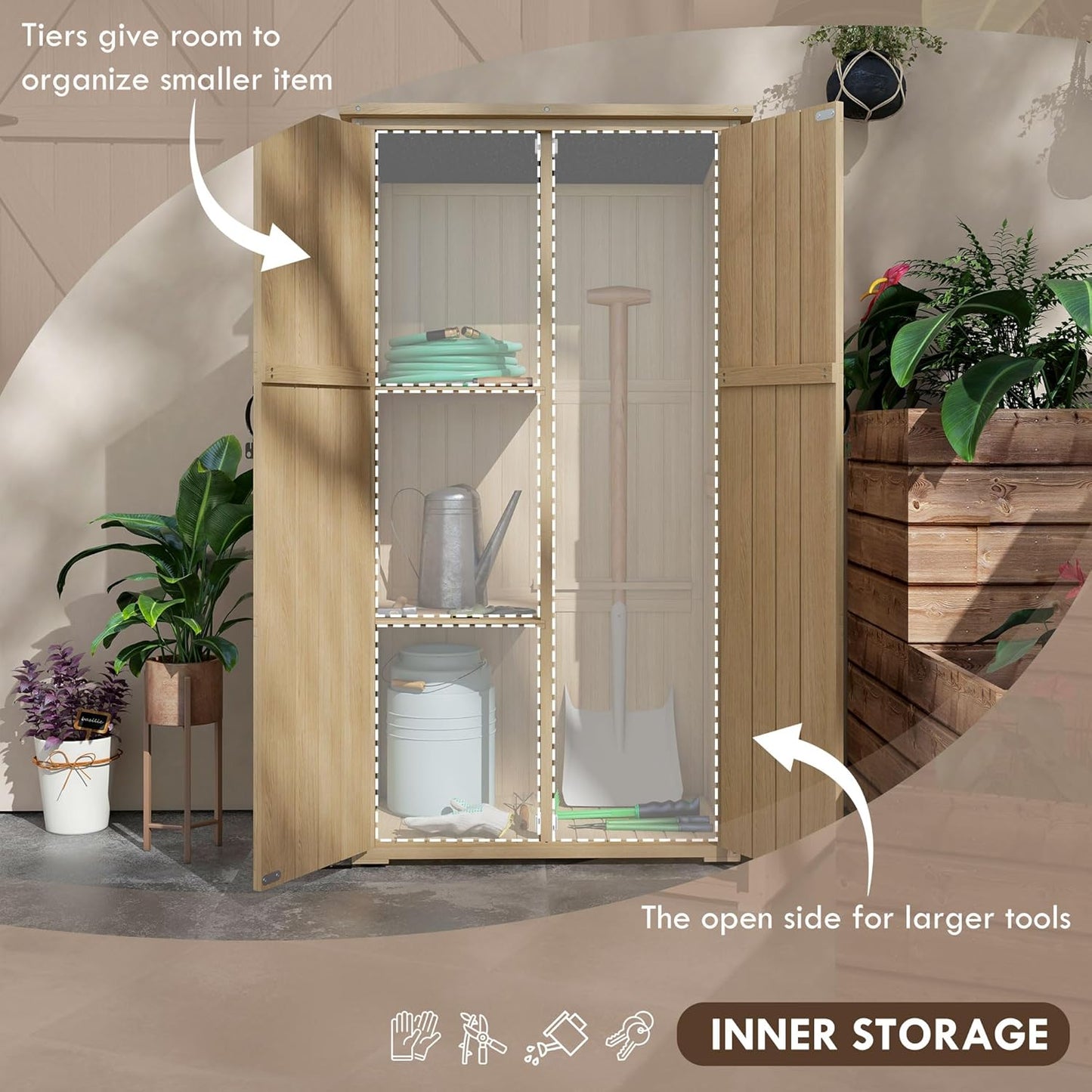 Wooden Garden Shed, Outdoor Storage Cabinet with Waterproof Asphalt Roof, Narrow Tool Shed with Shelves and Lockable Doors, Natural