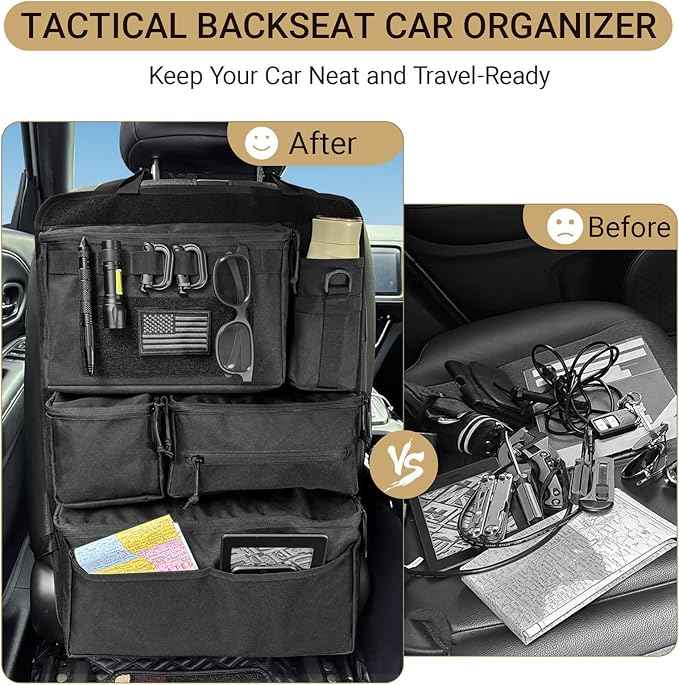 Tactical Seat Back Organizer - Heavy Duty MOLLE Panel Organizer with Multiple Pockets & Hook Loop Panel for EDC Gear, Road Trip Essentials, Universal Fit for Car SUV Truck Jeep Ford(Black)
