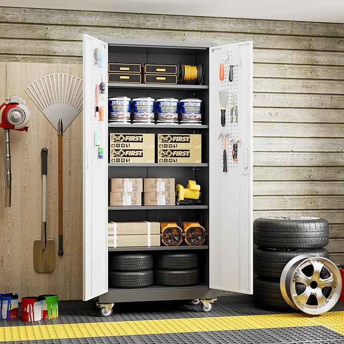 Aobabo Upgraded Garage Storage Cabinets with Wheels,Metal Storage Cabinets with 5 Adjustable Shelves for Garage Home Office Storage, Grey&White,71''H*32''W*16''D,Assembly Required
