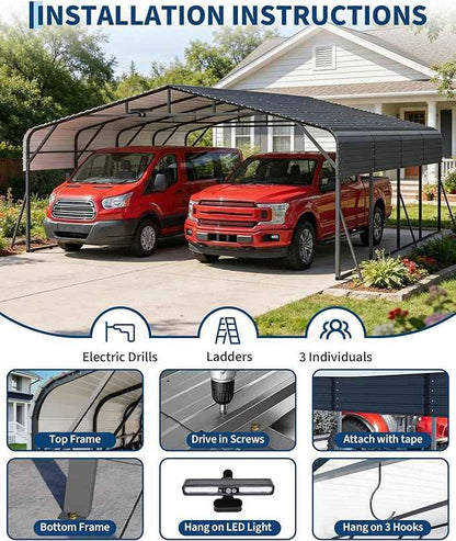 20x20FT Metal Carport Heavy-Duty Build with LED Light & Galvanized Steel Roof, All-Season Reinforced Stable Structure,Spacious Versatile Shelter for Cars, Boats, and Events