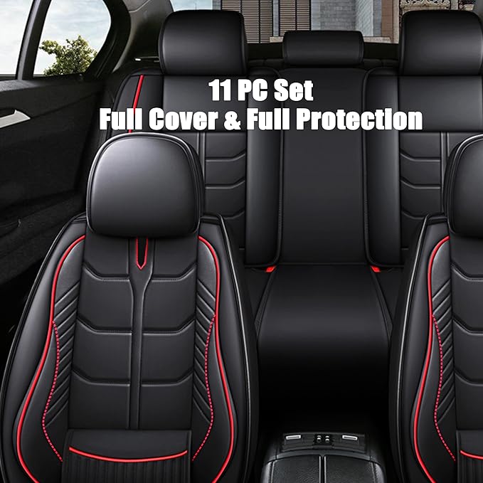 Amooca Car Seat Covers Full Set Automotive Seat Protection Fit for Most Cars SUVs Front & Back Seats Waterproof Nappa Leather Car Seat Cushion Protector Black & Red