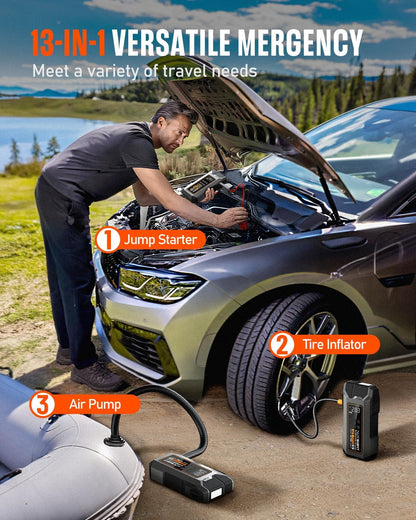 NOVSIGHT Jump Starter With Air Compressor - 6000A 13-in-1 Portable Jump Box for Car Battery, 12V Jump Starter Power Pack(ALL Gas/10L Diesel) 150PSI Auto-Shut Tire Inflator & Air Inflator/Deflator Pump