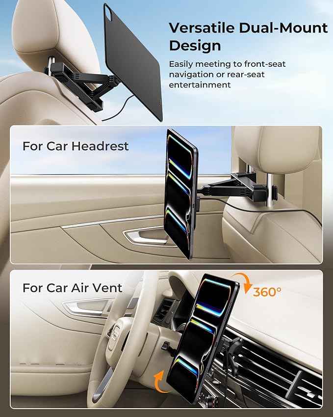 KUXIU Magnetic Wireless Charging Car Headrest Tablet Holder for iPad Pro 12.9/Air 13 M2/M3, Tablet Car Back Seat Mount with Air Vent Stand,Road Trip Essentials Holder for iPad Pro 12.9 3rd/4th/5th/6th