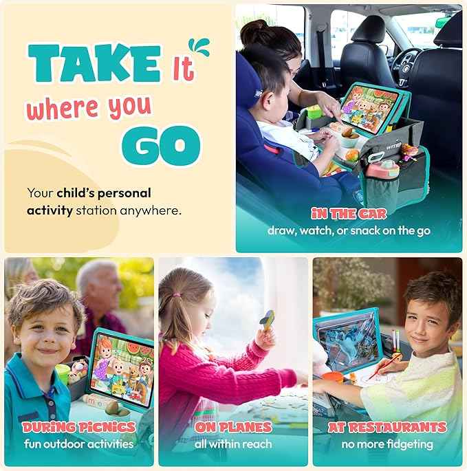 Kids Travel Tray with Dry Erase Board WITRIP- Car Seat Tray for Kids Travel, Carseat Table Top for Toddler, Lap Desk for Car Seat, Activity Organizer & Snack Holder,Road Trip Essentials for Kid (Aqua)