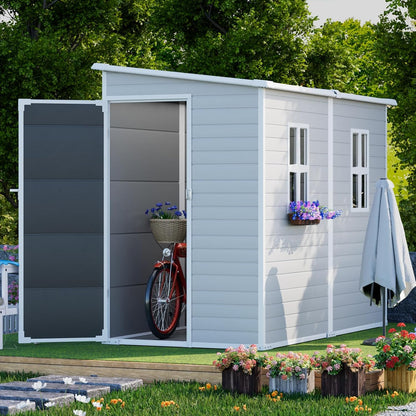 8x4 FT Resin Storage Shed with Floor Window for Outdoor Garden Waterproof Plastic Sheds Kit for Backyard Tool Storage, Gray