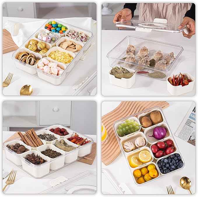 Amzcku Divided Serving Tray with Lid and Handle - Snackle Box Charcuterie Container for Portable Snack Platters - Clear Organizer for Candy, Fruits, Nuts, Snacks - Perfect for Party, Entertaining