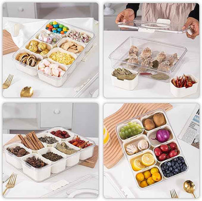 Amzcku Divided Serving Tray with Lid and Handle - Snackle Box Charcuterie Container for Portable Snack Platters - Clear Organizer for Candy, Fruits, Nuts, Snacks - Perfect for Party, Entertaining