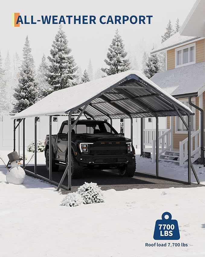 Garveelife 11'x20'x9' Metal Carport, Heavy Duty Steel Car Ports for All-Weather, Vertical Roof Design, for Full-Size Pickup Trucks, Boats, and Tractors