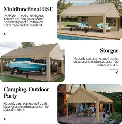 Shintenchi Portable Garage Canopy,12x20 FT Heavy-Duty Design Carport,Carport Canopy with Side-Opening Removable Door & Roll-Up Window,Portable Car Port for Car, Truck, Boat,Khaki