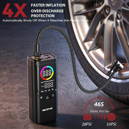 Tire Inflator Portable Air Compressor, NEXPOW 150PSI & 9000mAh Cordless Air Pump with Digital Tire Pressure Gauge, Accurate Dual LCD Display & LED Light, Tire Inflator for Car,Motorcycle,Bike,Balls