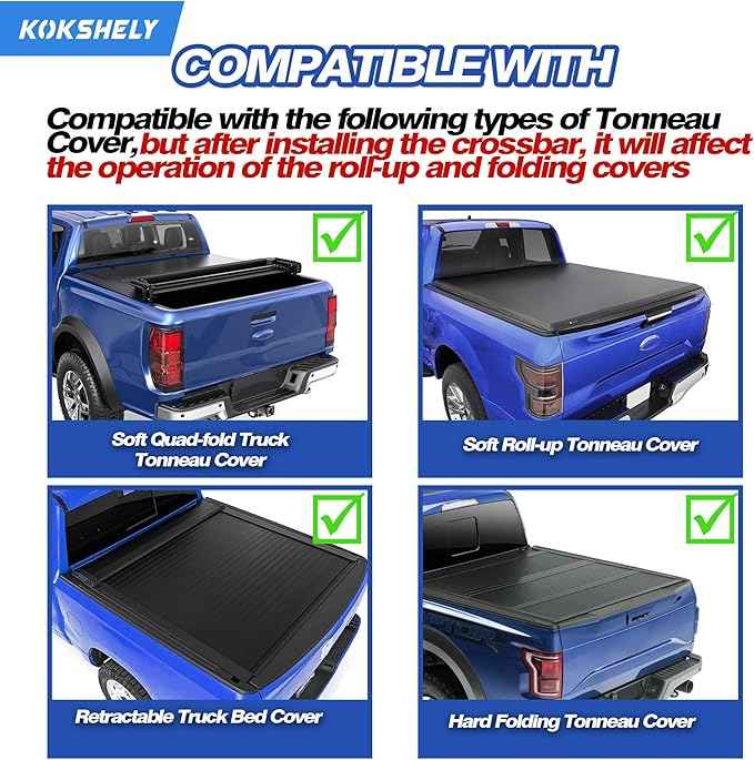 Adjustable 71.3”Truck Bed Rack Cross Bars（2-Pack）For Full-Size Trucks With Soft Roll-Up, Hard Rolling,Tri-Fold, Retract Hard Tonneau Covers|Aluminum Cross Bars|Compatible With Kayak Racks, Bike Racks