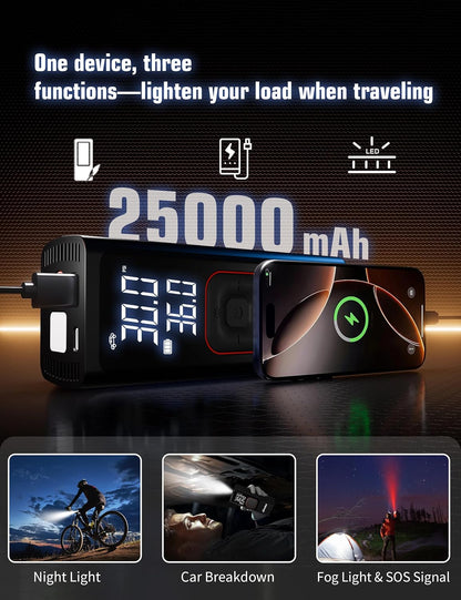 Tire Inflator Portable Air Compressor, 3X Faster 25000mAh 160 PSI Air Pump for Car Tires- Cordless, with Pressure Gauge, LED Light & Digital Display, for Car, Pickup, Truck, Motor, E-Bike and More