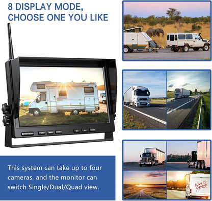 10'' 1080P Wireless Backup Camera System, 10 Inch DVR Quad Split Monitor Wireless Rear Side View Cameras, IP69 Waterproof Digital Signal Record System for RV/Truck/Trailer/Camper-BW104SL