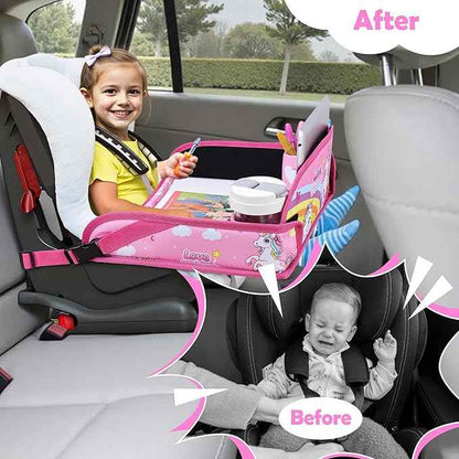Kids Travel Tray for Toddler Carseat, Road Trip Activities Essentials for Toddler, Kids Lap Desk Tray with Tablet Holder Stand ＆ Dry Erase Board (Pink Unicorn)