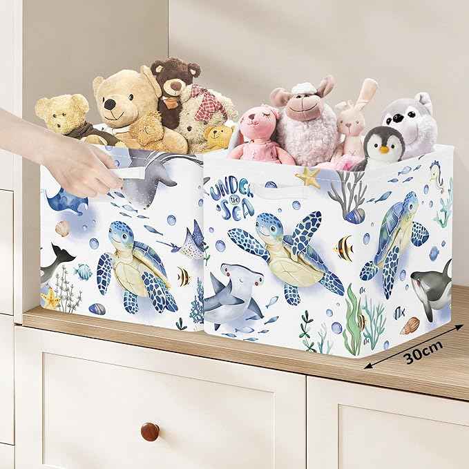 Clastyle 3 pcs Ocean Animals Cube Storage Unit Bin with Metal Frame Foldable Kallax Box for Shelves Parents Closet Organizer Basket for Book Clothes Toy Organizer, Turtle, 11.8x11.8x11.8 in