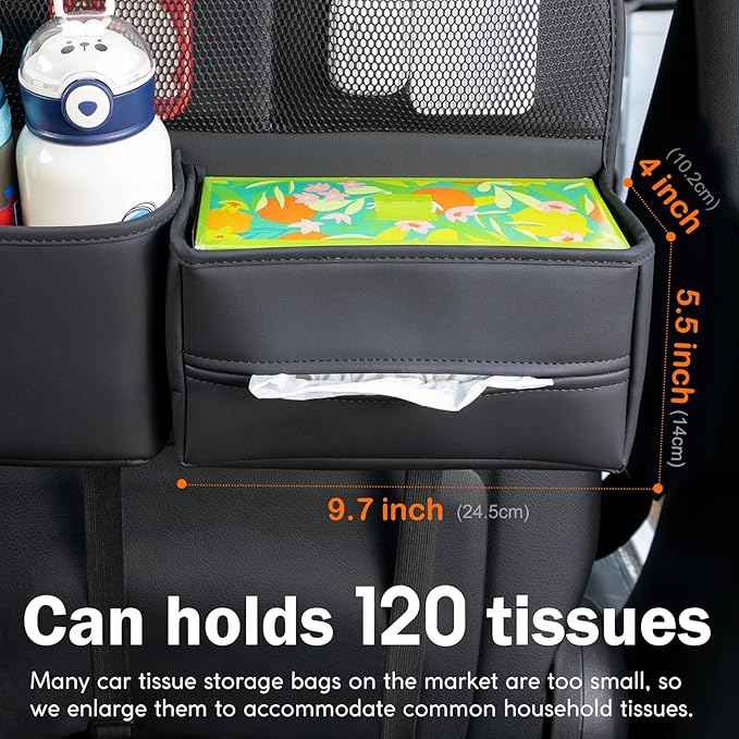 Leather Car Seat Back Organizer with Tissue Holder, Water Bottle Holder, Phone Holder for Road Trips. (Black)