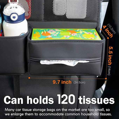 Leather Car Seat Back Organizer with Tissue Holder, Water Bottle Holder, Phone Holder for Road Trips. (Black)