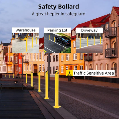 Safety Bollard 4 Packs, 42 Inch Height Steel Bollard Post for Parking Lot, 4.5 Inch Diameter Pipe, Yellow Safety Bollard Post with 16 Anchor Bolts, Ideal for Traffic-Sensitive Areas, Driveway Barrier