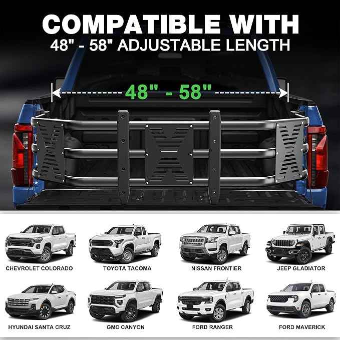 Truck Bed Extender 48"- 58" Adjustable, Heavy Duty Aluminum, Drill Required, Fits Ranger/Maverick/Colorado/Canyon/Tacoma/Frontier/Gladiator/Santa Cruz