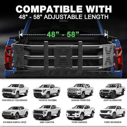 Truck Bed Extender 48"- 58" Adjustable, Heavy Duty Aluminum, Drill Required, Fits Ranger/Maverick/Colorado/Canyon/Tacoma/Frontier/Gladiator/Santa Cruz