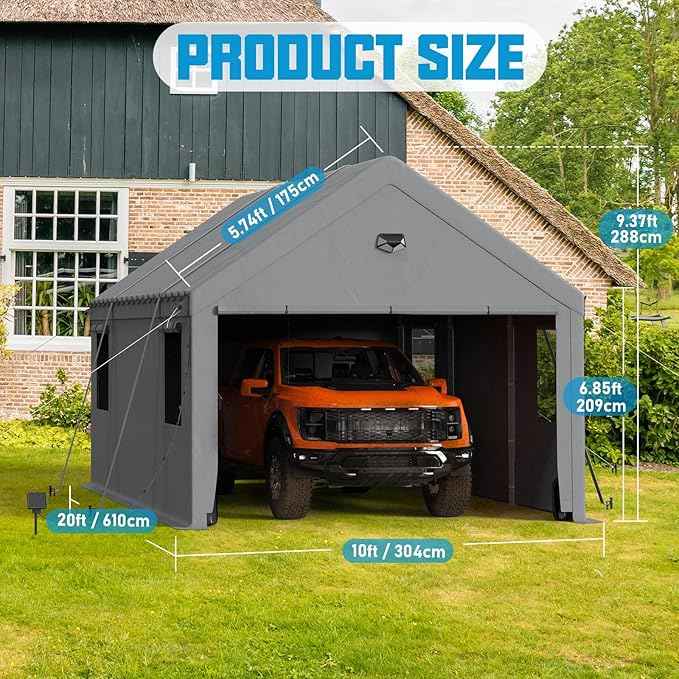 Carports Canopy Heavy Duty, Portable Garage with Sidewalls (10x20, Grey)