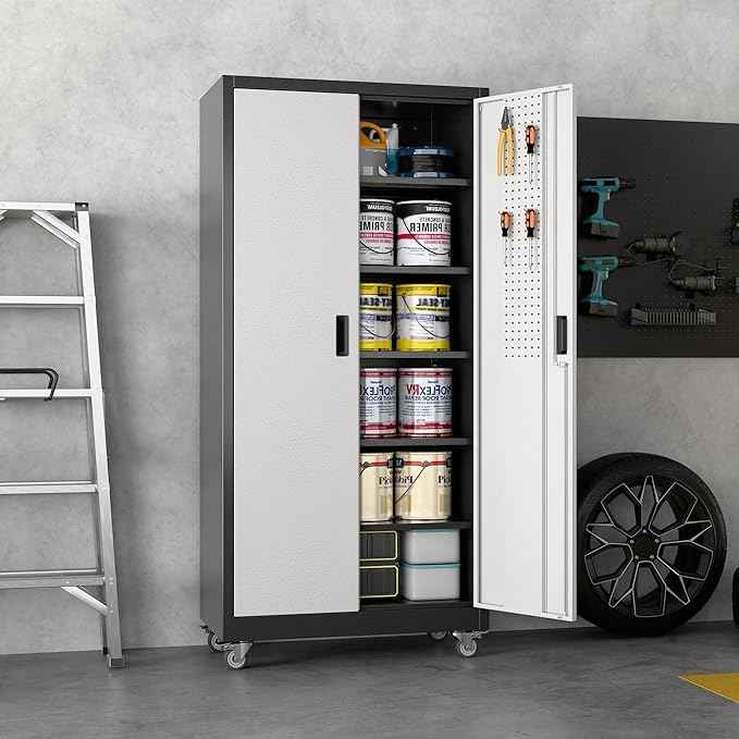 Aobabo Upgraded Garage Storage Cabinets with Wheels,Metal Storage Cabinets with 5 Adjustable Shelves for Garage Home Office Storage, Black&Silver,71''H*32''W*16''D,Assembly Required