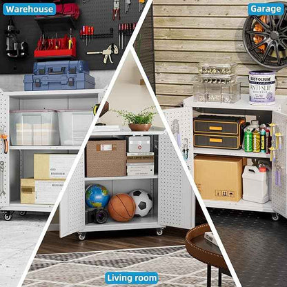 Aobabo 31.5" H Garage Storage Cabinet with Wheels,Lockable Metal Storage Cabinet with 2 Doors for Garage Home Office Storage,White,Assembly Required