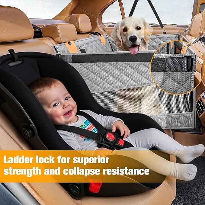 PETICON Large Dog Car Seat, Back Seat Extender for Dogs with 3 Mesh Windows, Waterproof Medium Carseat for Dogs with Hard Bottom, Pet Seat Cover for Cars, Trucks and SUVs (Gray)