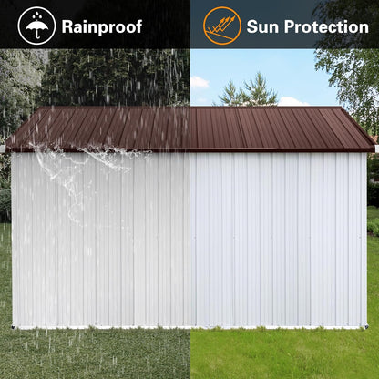 12 x 10 FT Metal Garden Shed, Outdoor Storage Shed with Heavy-Duty Steel Construction, Built-in Punched Vents & Hinged Door, Free Padlock for Secure Backyard, Patio & Garage Storage, White + Coffee