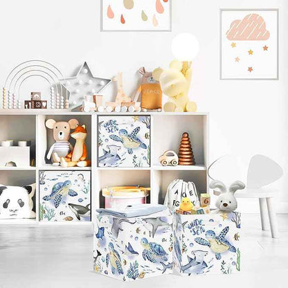 Clastyle 3 pcs Ocean Animals Cube Storage Unit Bin with Metal Frame Foldable Kallax Box for Shelves Parents Closet Organizer Basket for Book Clothes Toy Organizer, Turtle, 11.8x11.8x11.8 in