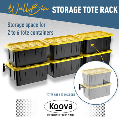 Koova Wall Mounted Tote Rack Storage System, Fits 27-Gallon Black and Yellow Commander Style Bins, Wall Mount Bracket Shelves for Garage Organization, Heavy Duty Steel, Made in USA (3-Piece Set)