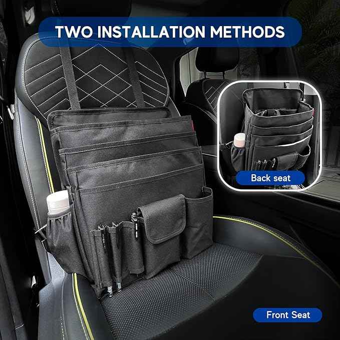 YOOFAN Universal Front Seat Organizer for Car & Truck - Black 600D Oxford Fabric with Tablet Sleeve, Cup Holders & Multi-Compartment Storage | Ideal for SUV, Work Truck, Mobile Office & Travel Use