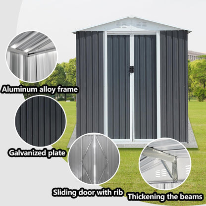 6x4 FT Outdoor Metal Storage Shed with Floor Base Frame, Waterproof Garden Sheds w/Lockable Sliding Doors and Vents, Outside Steel Tool Storage House for Backyard, Patio, Lawn, Grey