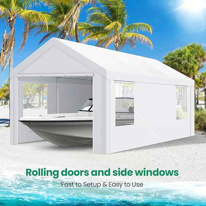 COBIZI 10x20 FT Heavy Duty Carport with Galvanized Frame, Carport Canopy with Roll-up Windows, Storage Tent with Removable Sidewalls & Doors, Built-in Sandbags for Car Boat Truck, White