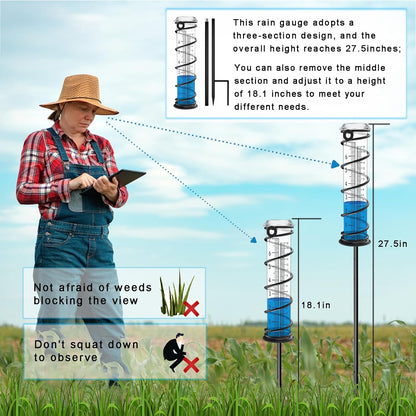 Upgrade Rain Gauge, Detachable Spiral Rain Gauge Outdoor, Rain Measure Gauge for Yard, Large Number Rain Water Meter, Thickened Plastic Rain Gauge with Stake and Metal Frame for Patio,Lawn