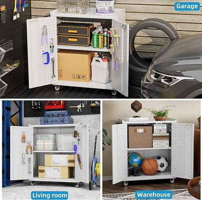 Aobabo 31.5" H Garage Storage Cabinet with Wheels,Lockable Metal Storage Cabinet with 2 Doors for Garage Home Office Storage,White,Assembly Required