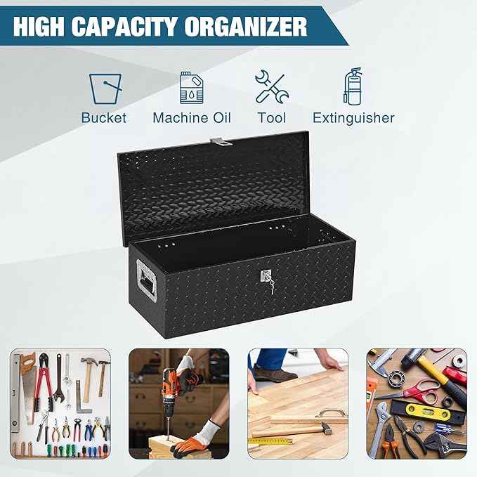 30" Heavy Duty Aluminum Tool Box Pick Up Truck Bed RV Trailer Toolbox Waterproof Square Storage Organizer with Side Handle, Lock with Keys -30"x 13"x 10"