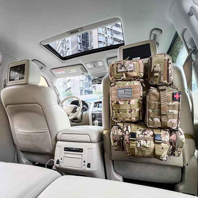 Tactical Vehicle Seat Back Organizer, Universal Tactical Seat Cover Molle Panel with 5 Detachable Pouches - Medical, Phone, Admin Storage Bags Fit for Jeep Truck Car Camping Off Road (CP Camo)