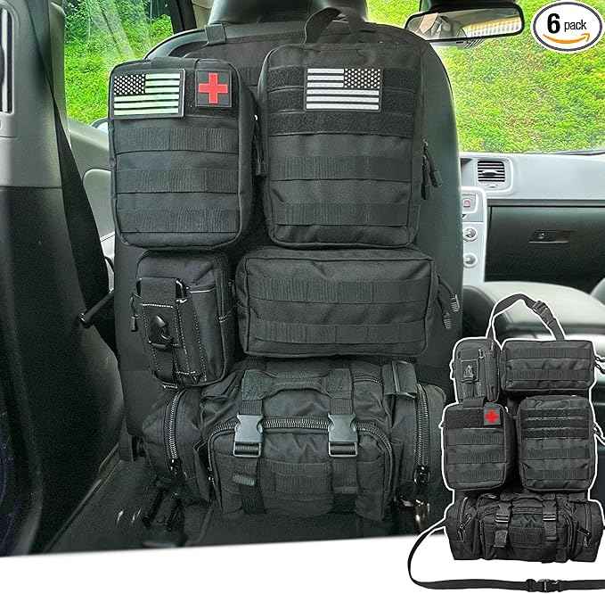 7 PACK Tactical Car Seat Back Organizer With 5 Detachable Pouches Upgrade Tactical Molle Vehicle Panel Organizer Universal fits for Most of Car Truck Ford Jeep Vehicle