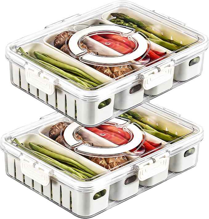 2Pack Divided Veggie Tray with Lid and Handle 4 Compartment Serving Tray with Dividers Portable Travel Snack Storage Containers Stackable Snackle Box Charcuterie Container for Fruit,Vegetable,Salad