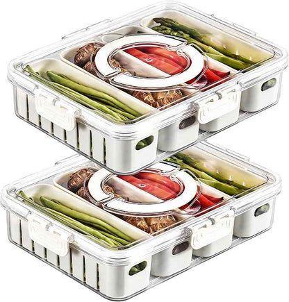 2Pack Divided Veggie Tray with Lid and Handle 4 Compartment Serving Tray with Dividers Portable Travel Snack Storage Containers Stackable Snackle Box Charcuterie Container for Fruit,Vegetable,Salad