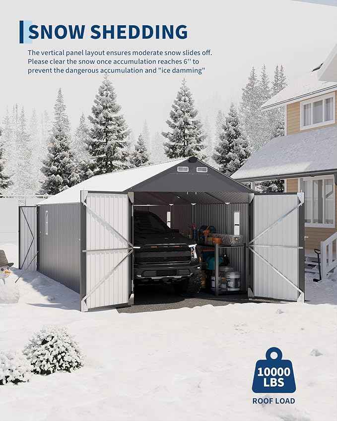 Garvee 12x25 ft Enclosed Metal Car Port, Oversized Carport with Vertical Steel Roof for All-Weather Use, Metal Garage Shed with Man Door for Full-Sized Pickup Trucks & SUV, Gray