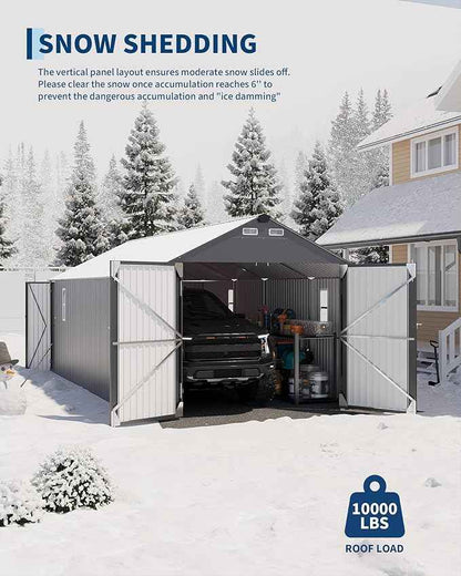 Garvee 12x25 ft Enclosed Metal Car Port, Oversized Carport with Vertical Steel Roof for All-Weather Use, Metal Garage Shed with Man Door for Full-Sized Pickup Trucks & SUV, Gray